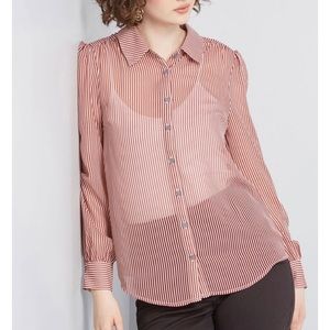 Sheer button down blouse with red & white stripes